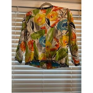 Peter Nygard Jacket Linen Cotton Abstract Floral Zip Front Multicolor Maximalist